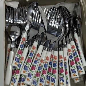 Vintage 70s Floral Patterned Summer Blush Cutlery Set w White Handles Stainless